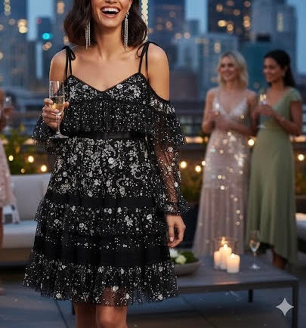 Needle & Thread Supernova Tiered Ruffle Embellished Dress Black Size 6